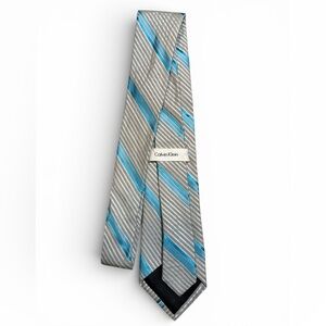 Calvin Klein Silk Blend Gray Tie with Blue Stripes